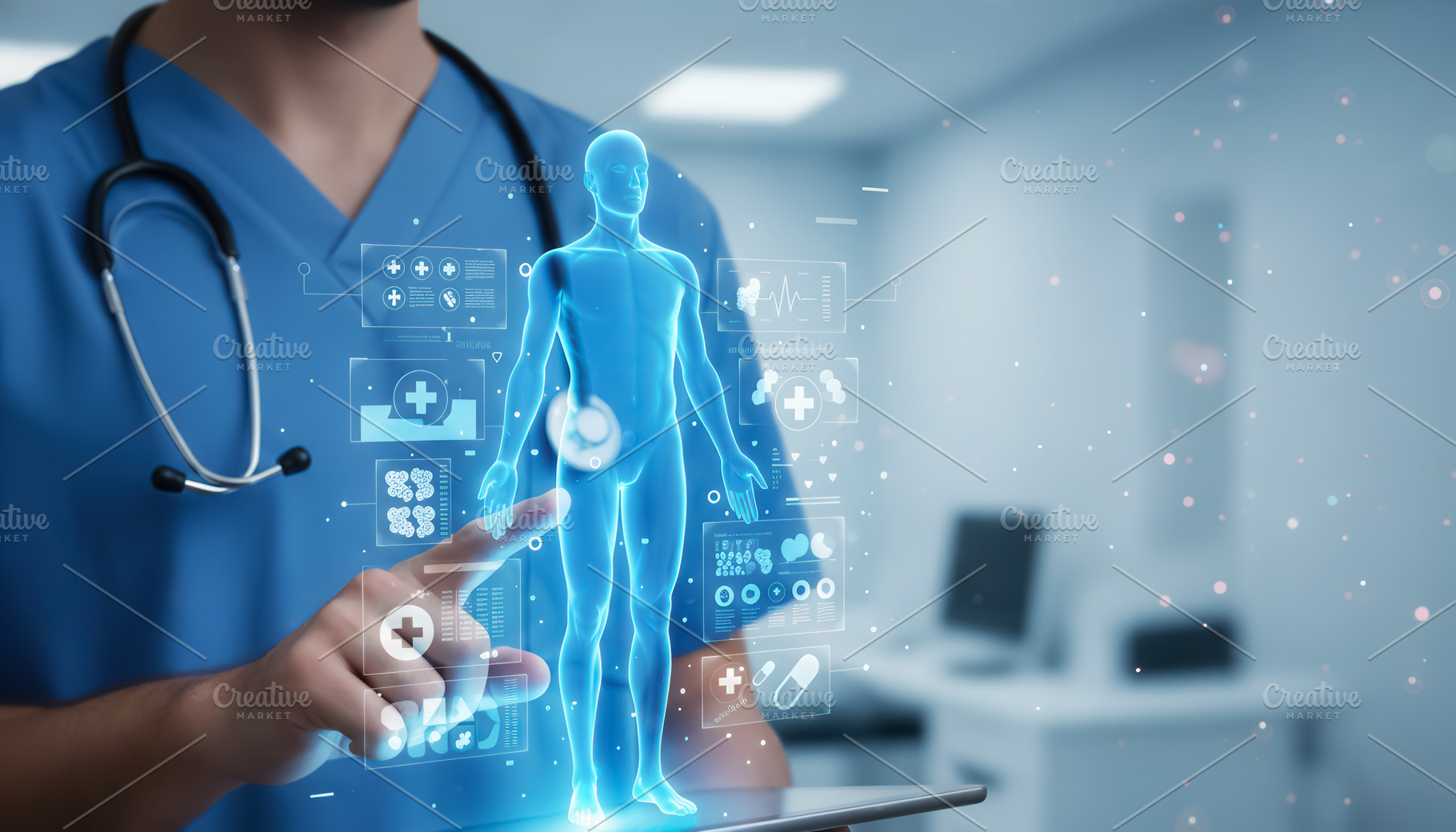 Doctor interacting with a human holo, a Health & Medical Photo by angellodeco
