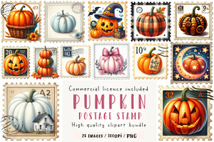 Pumpkin Postage Stamp Clipart, an Illustration by CreationArt