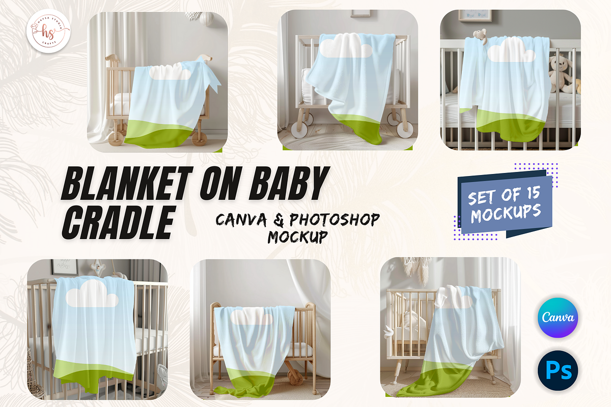 Mockup Blanket on Wooden Baby Cradle, a Household Mockup by Hafsa Studio 85 (Photo 1 of 3)