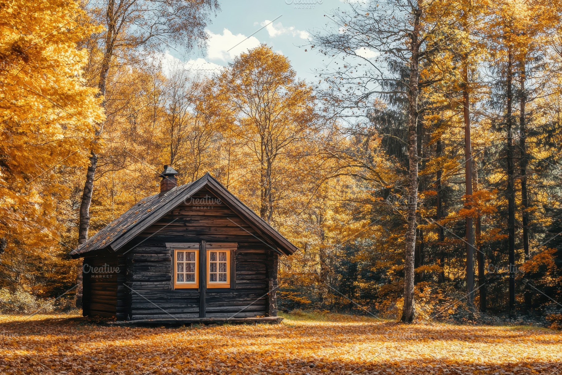 Wooden cabin surrounded by vibrant a, a Photo by Iftikhar Alam