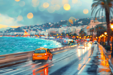 Rain pours down as a yellow taxi nav, a Photo by Tanuart