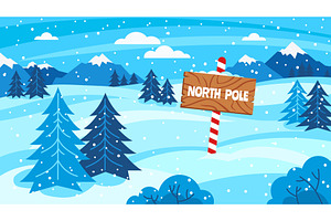 North Pole Sign. Snowy Forest Woods