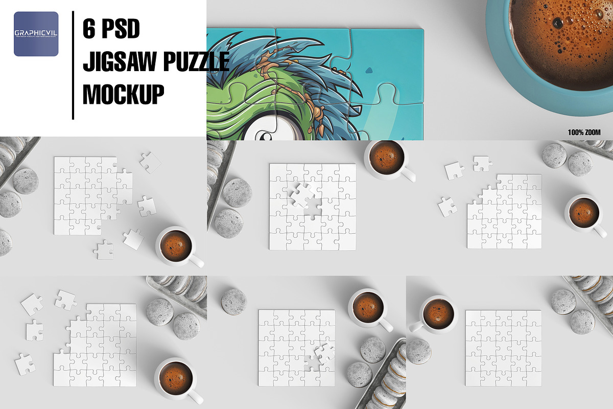 Jigsaw Puzzle Mockup 6 PSD 5x5pieces, a Merchandise Mockup by GraphicVil (Photo 2 of 9)