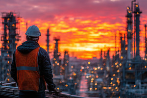 Worker at refinery sunset view indus, a Photo by Pixeness Studio