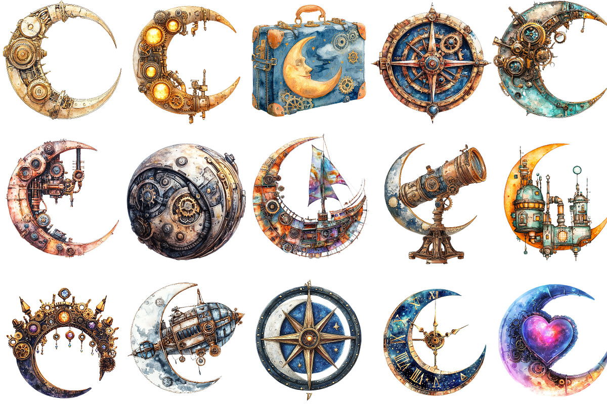 Steampunk Moon World Clipart, an Illustration by designcity5 (Photo 3 of 5)