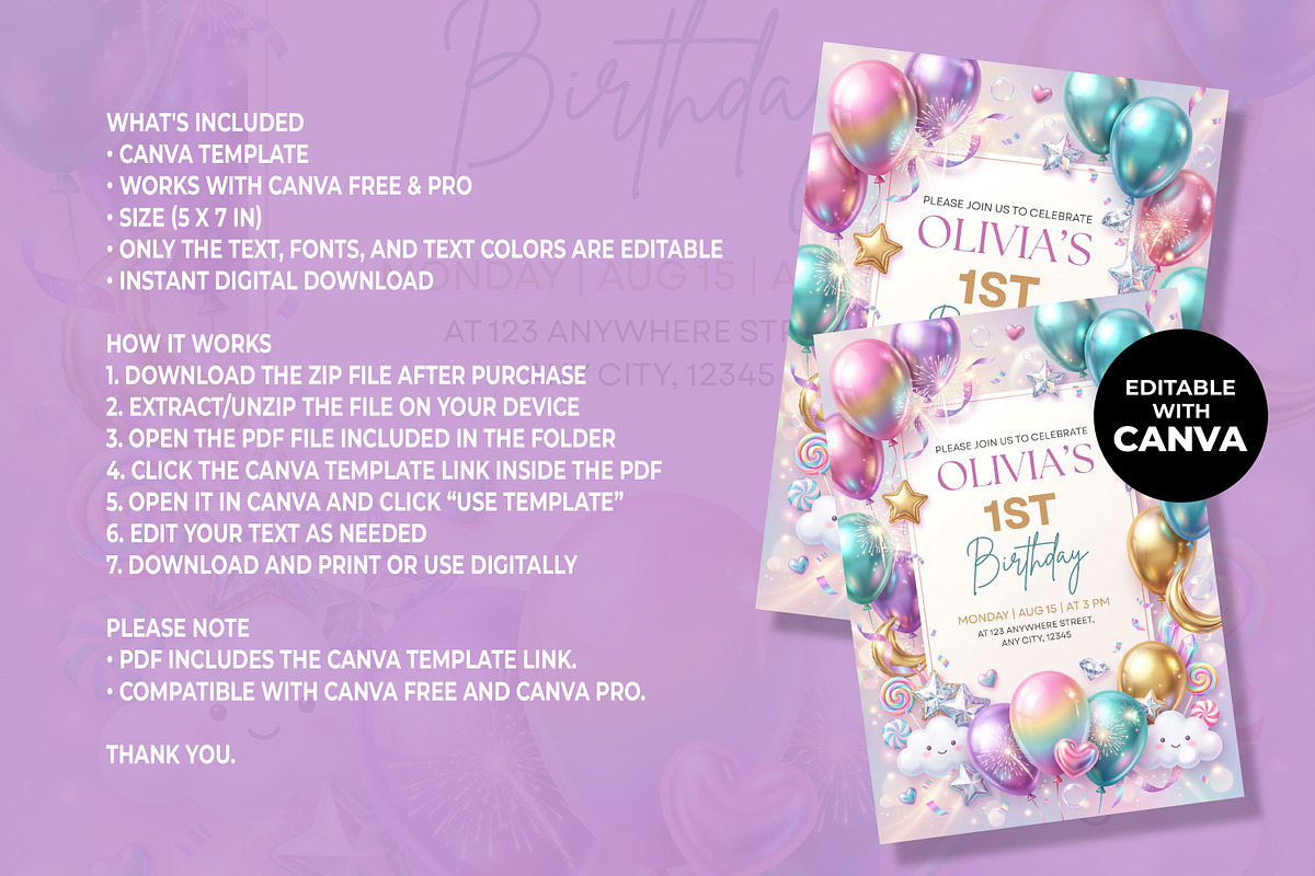 Pastel Balloon 1st Birthday Invitati, an Invitation Template by M9 Design (Photo 4 of 4)