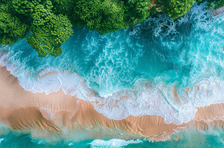 Turquoise waves crash onto a sandy b, a Photo by Tanuart