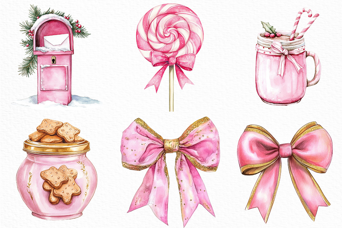 Watercolor Pink Christmas Clipart, an Illustration by Craft Nest (Photo 4 of 6)