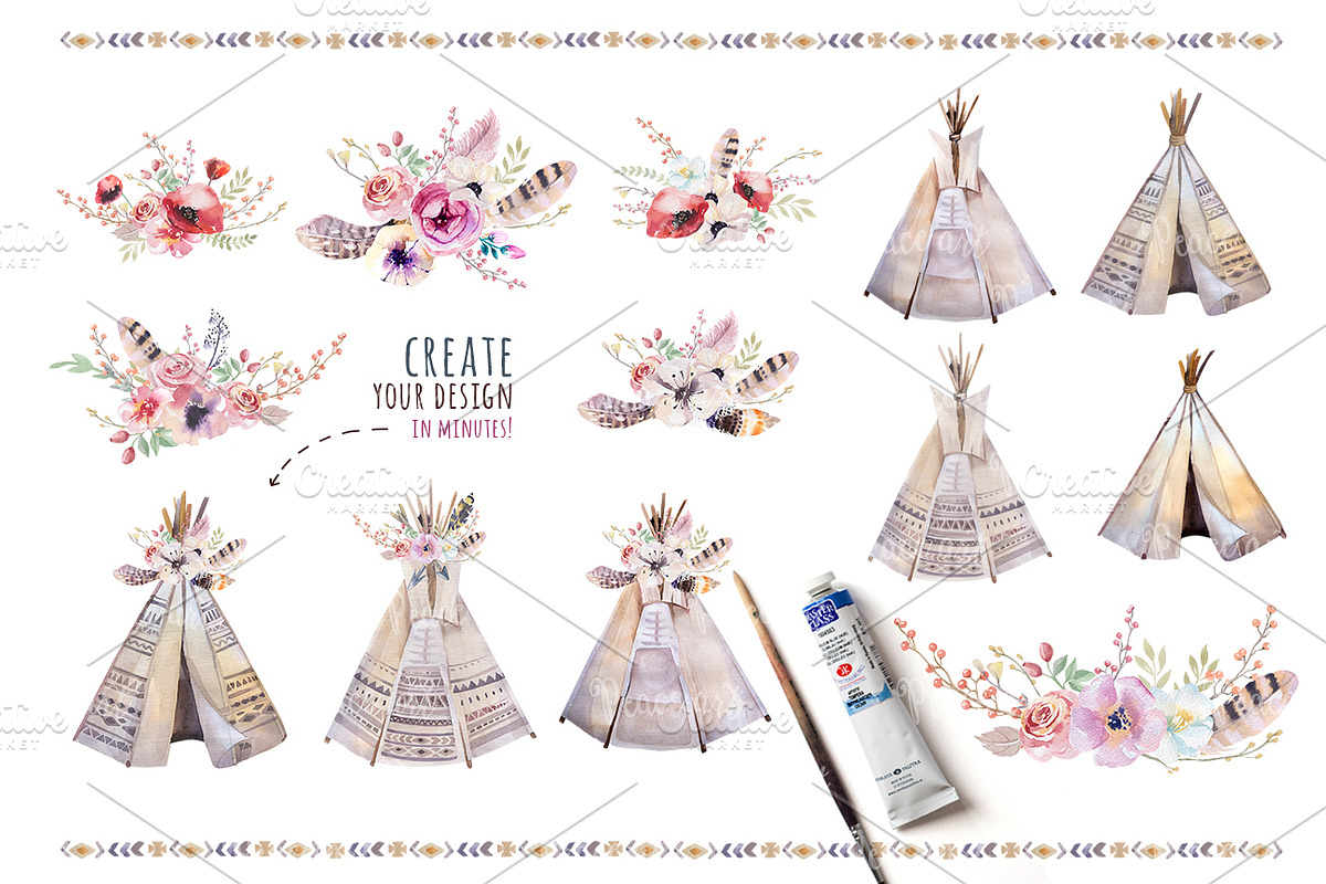 Watercolor boho teepee & bouquets, an Illustration by Peace ART (Photo 6 of 6)