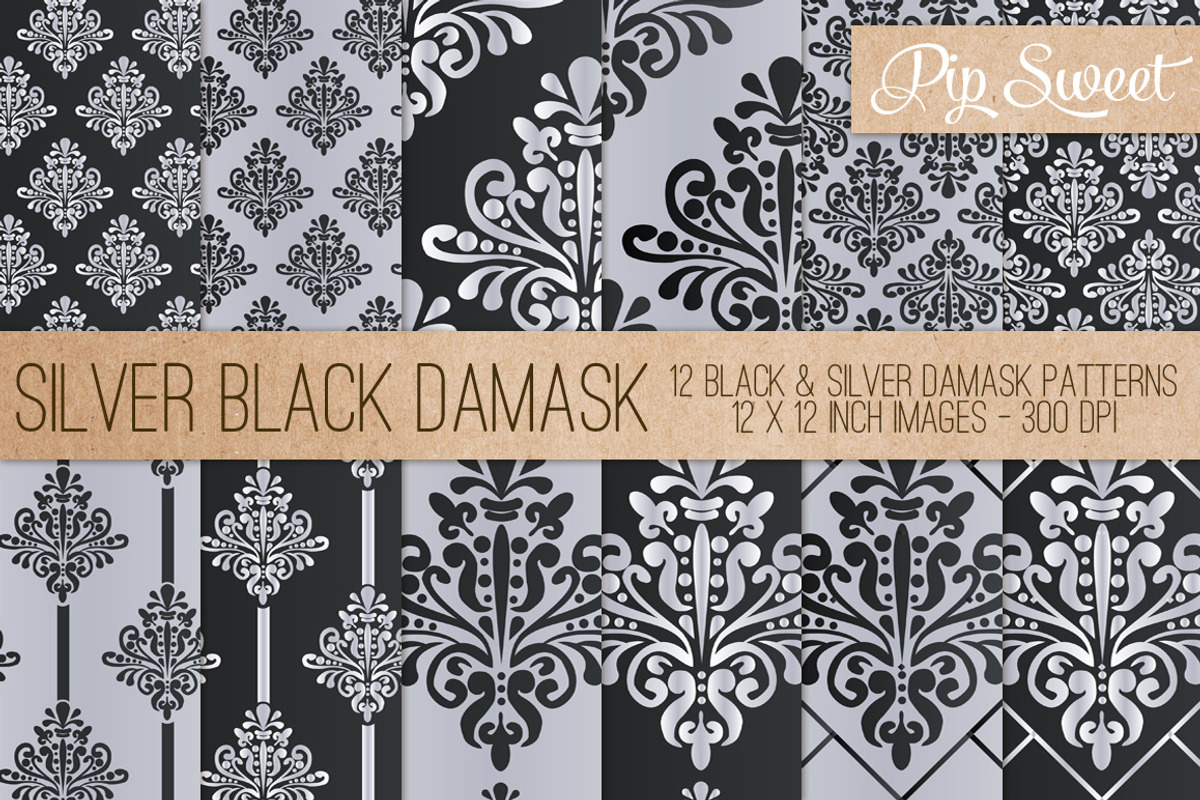Black & Silver Damask 12 Pattern Set