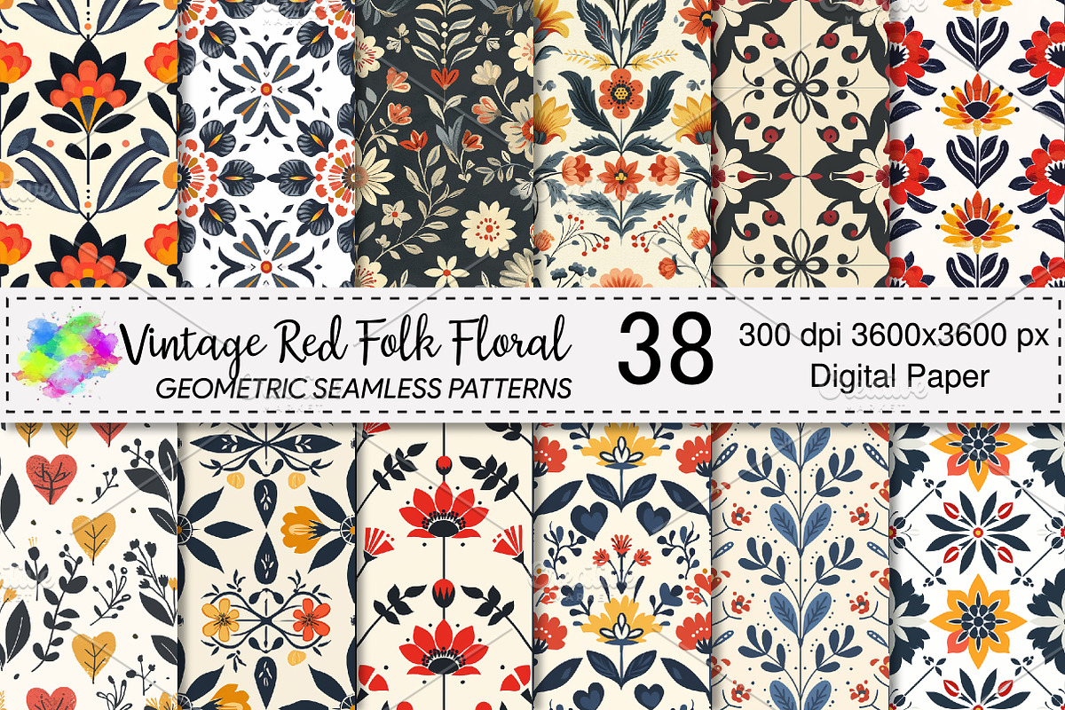 Vintage Red Folk Floral pattern, a Pattern Graphic by Canvas Craft (Photo 1 of 6)