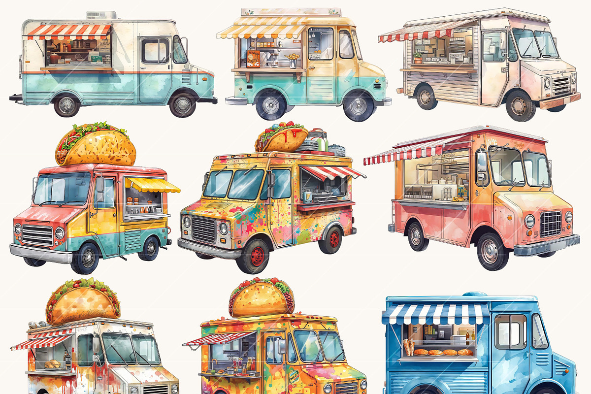 Watercolor Food Truck Clipart Bundle, a Transportation Illustration by Design Scotch (Photo 5 of 9)