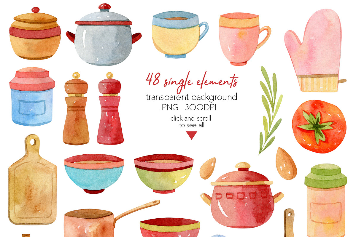 Watercolor Kitchen Utensils Set 2, an Illustration by Julia M. Watercolor
