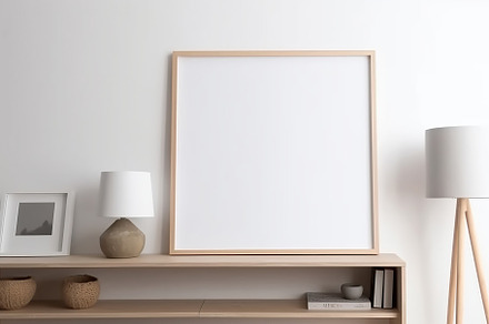 Blank print frame mockup with plants and decor on light backgrou, a Photo by Dvoevnore photos
