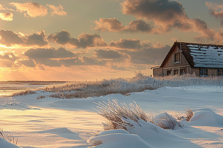Winter landscape at sunset and house, a Nature Photo by Virgo Studio