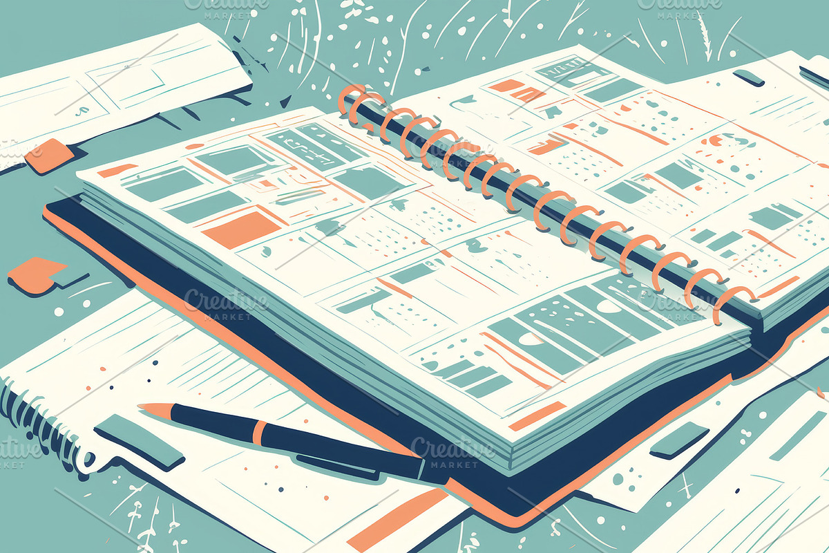 Stylish desk with open planner and pen for event planning, an Illustration by AS photostudio