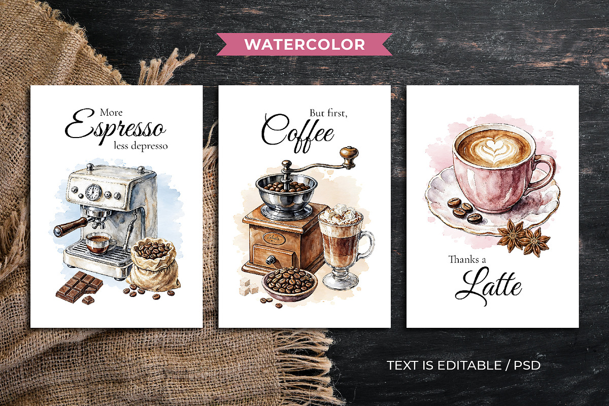 Coffee Cards Collection Watercolor, a Card Template by Iryna Denysova (Photo 3 of 5)