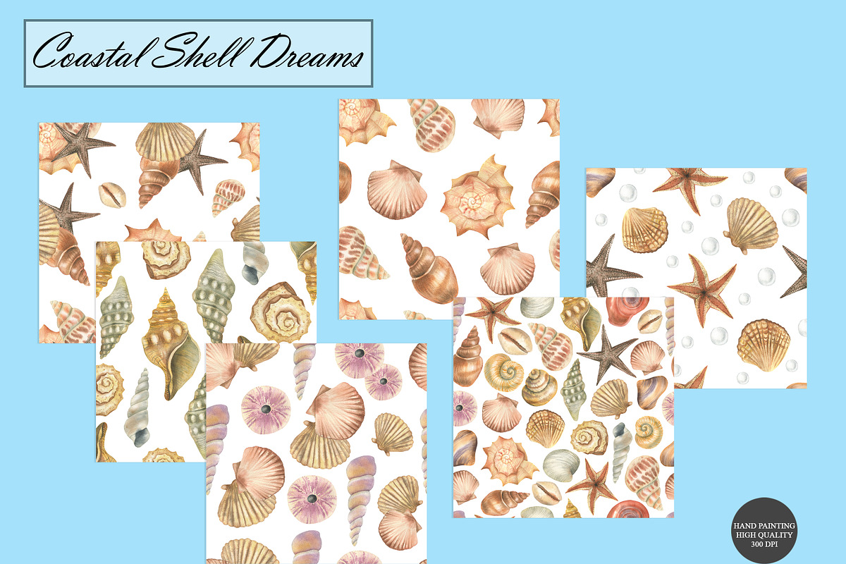 Watercolor Seashell Seamless Pattern, an Illustration by OlDm_Shop (Photo 8 of 10)