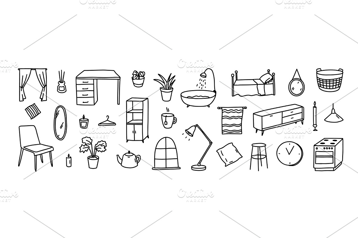 Home furniture doodles. Hand drawn, an Object Illustration by winwin.art