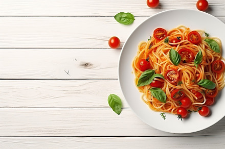 Tasty pasta with tomatoes and basil leafs in plate on wooden table. Generative, a Food & Drink Photo by AlyaAnd