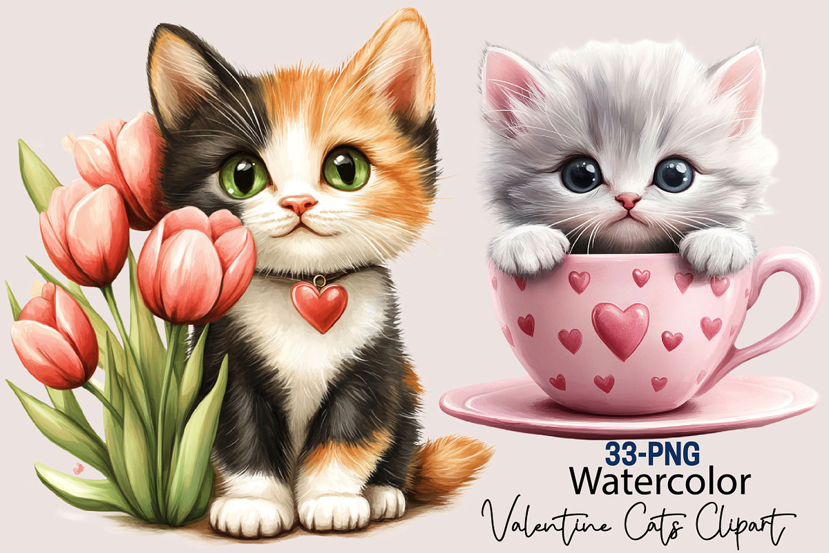 Valentine Cats Clipart PNG Bundle, a Seasonal Illustration by SVGArt (Photo 1 of 5)