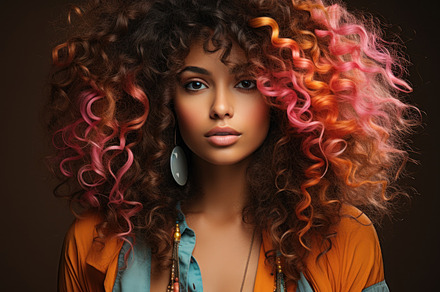 Beautiful african american woman with curly brown and pink hair, a Beauty & Fashion Photo by AS photostudio