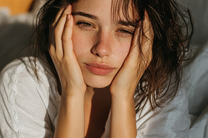 Woman in white shirt resting in bed, a Photo by Pixeness Studio