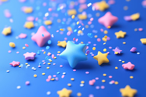 Colorful star-shaped decorations and confetti scattered on a blue background, c, an Object Illustration by Textures & Backgrounds