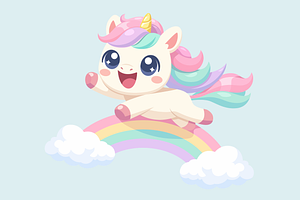 Baby Unicorn Riding Rainbow Kawaii, an Animal Illustration by Artpon Illustration