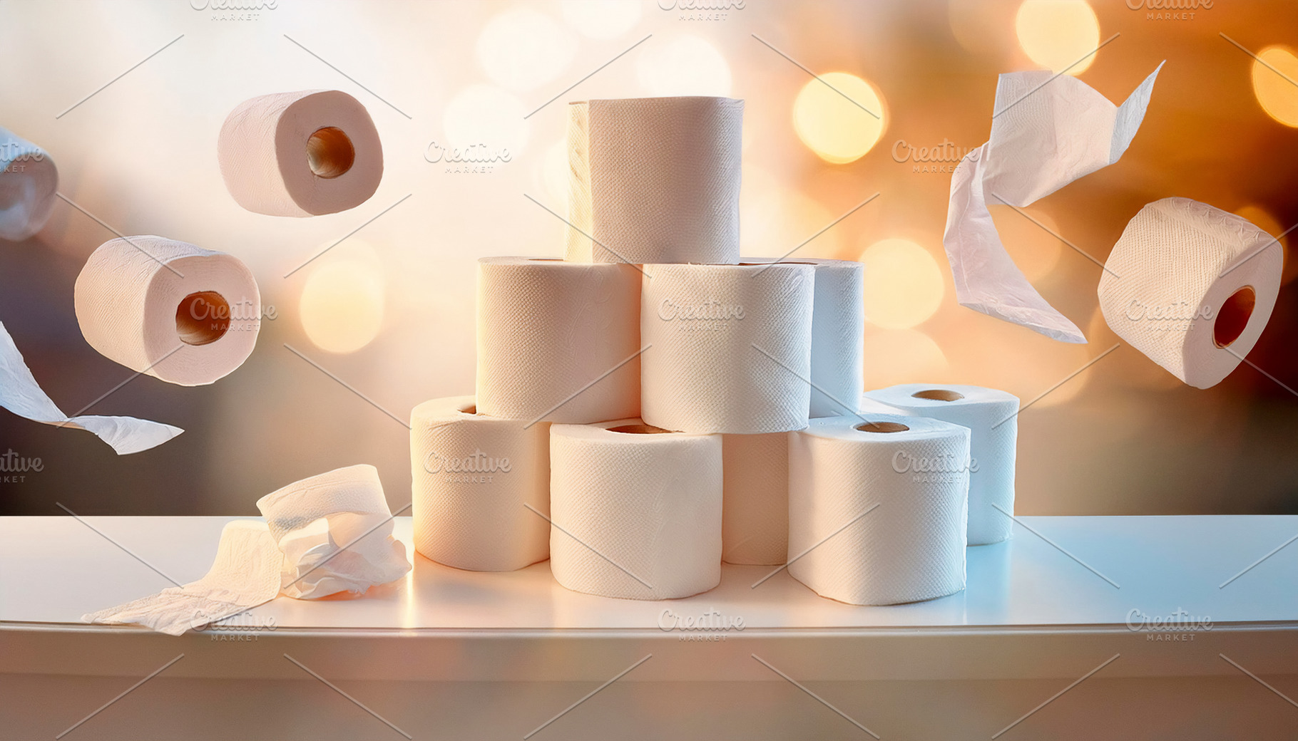 Toilet paper rolls on cabinet and rolls and strips falling, a Health & Medical Photo by Davizro's Market
