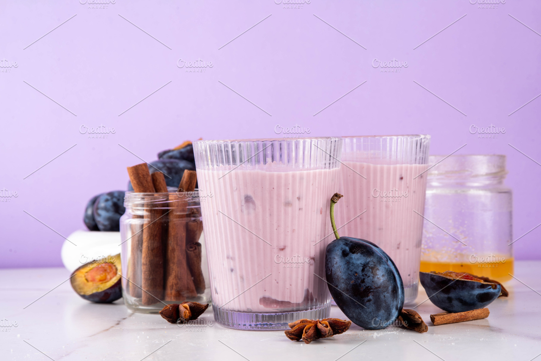 Tasty sweet plum yogurt or smoothie, a Food & Drink Photo by Rimma