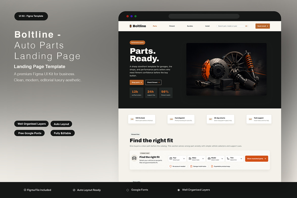 Boltline - Auto Parts Landing Page, an UI Kit Template by Pitchlook.Studio (Photo 1 of 3)