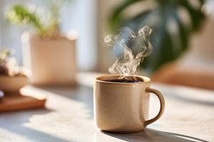 Steam rises from warm coffee cup on a bright morning table, a Food & Drink Photo by AlyaAnd