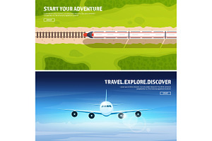 Train, railwa station. Travel and tourism. Airplane, aviation. Summer holidays, vacation. Plane landing. Flight, air travelling. Sky, aerial background. Journey., a Technology Illustration by 32pixels