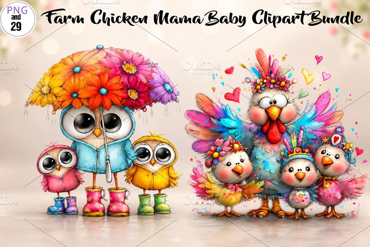Farm Chicken Mama Baby Clipart, a Seasonal Illustration by CreationArt (Photo 1 of 7)