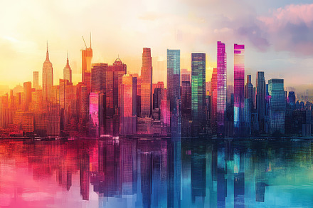 A city skyline glows with vibrant co, a Photo by Tanuart