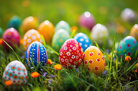 Colorful easter eggs on green grass, a Holiday Photo by AlyaAnd