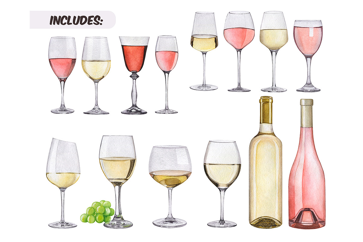 Watercolor white & rose wine clipart, a Food Illustration by ArtfulStudio (Photo 2 of 9)