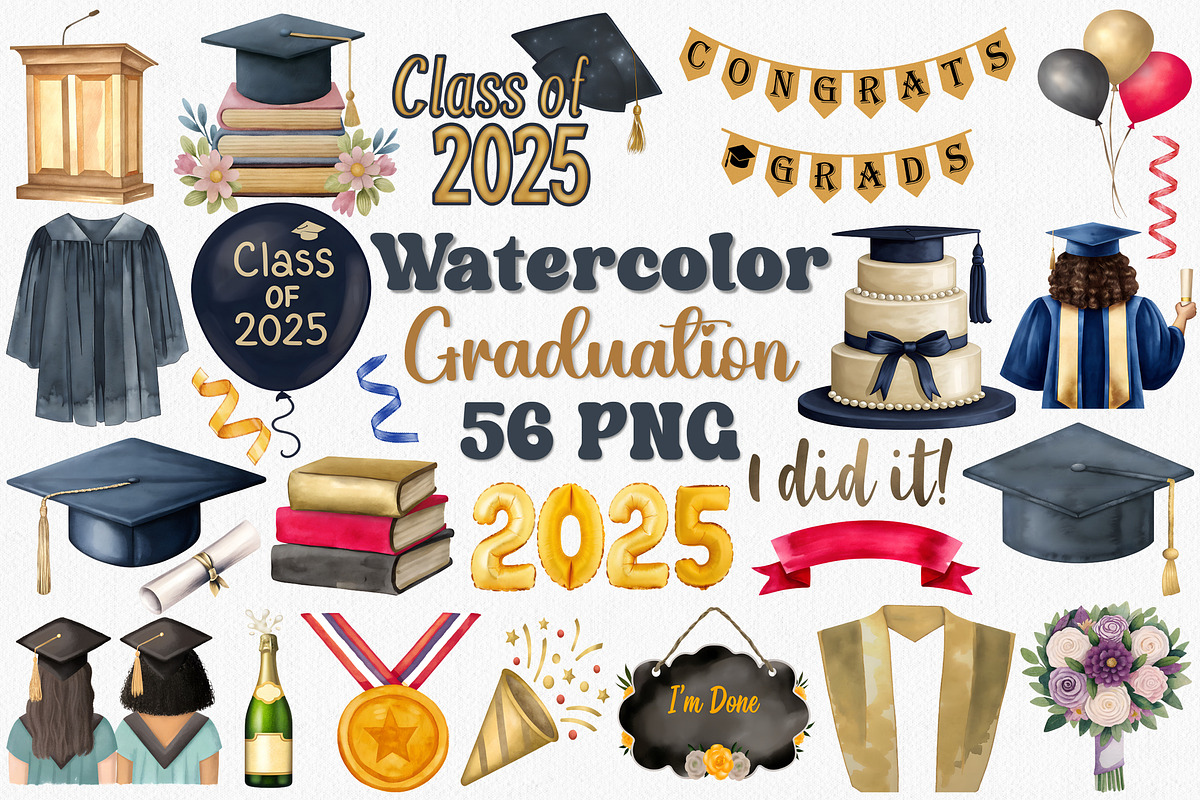Watercolor Graduation Clipart Set, an Illustration by CropUp Creative (Photo 1 of 4)