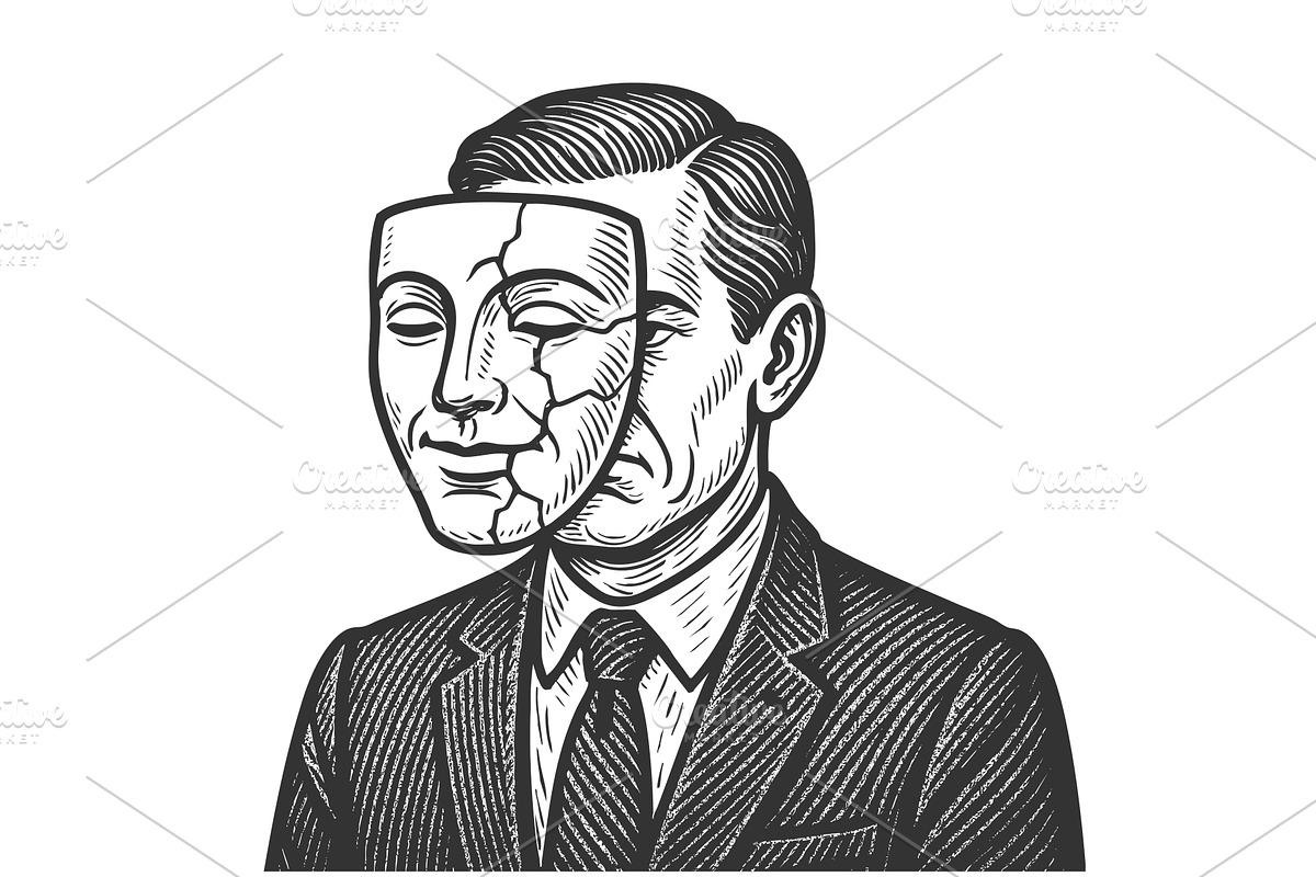 Man wearing cracked mask to hide, a Person Illustration by AlexArt