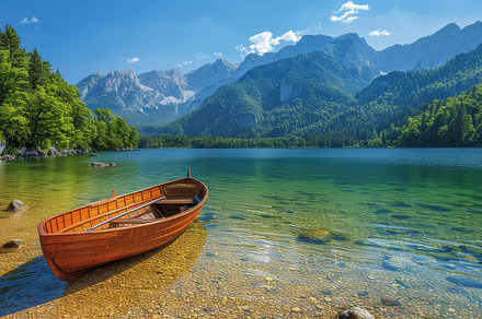 Serene Summer Day at Bohinj Lake With Wooden Boat and Majestic Mountains, a Photo by AS photostudio
