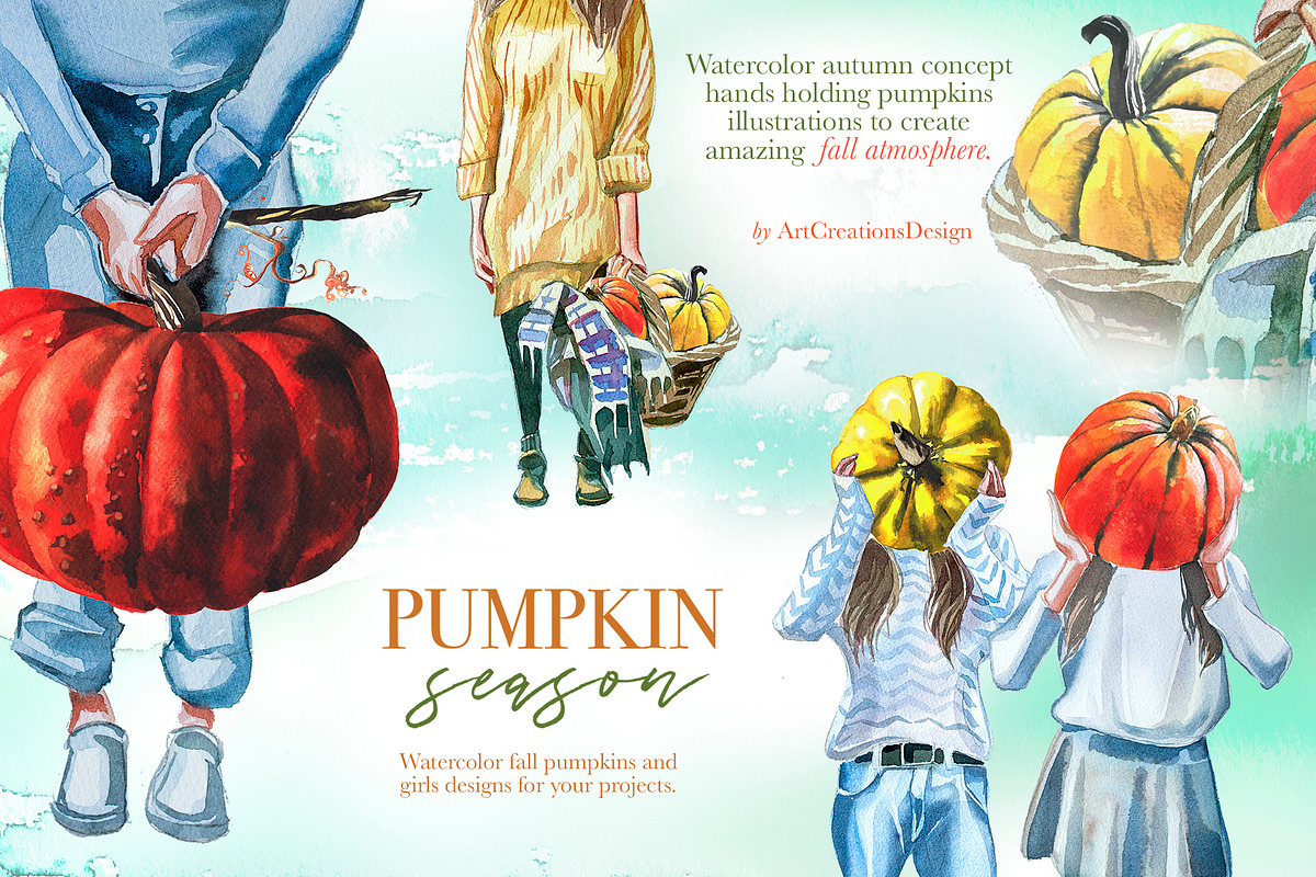 Watercolor Pumpkin Season Clipart, a Seasonal Illustration by ArtCreationsDesign (Photo 2 of 22)