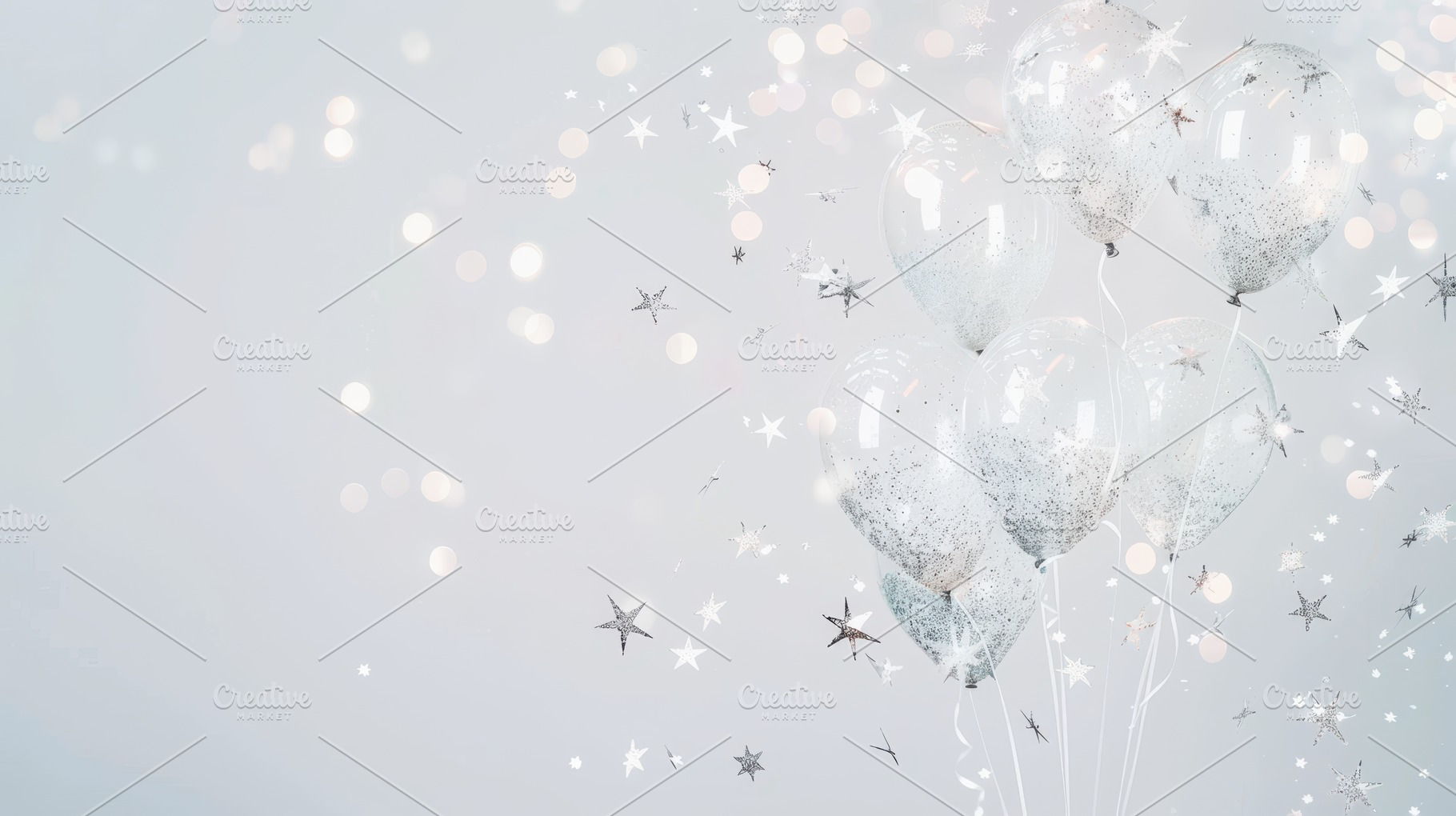 Delicate clear balloons with silver star confetti, softly lit against a white b, a Photo by Mashimara