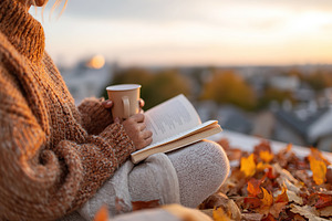 Cozy afternoon spent reading a book while enjoying a warm drink in autumn sunli, a Photo by AlyaAnd