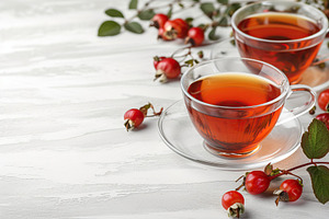 Glass with rose hip tea on wooden background, a Food & Drink Photo by AlyaAnd