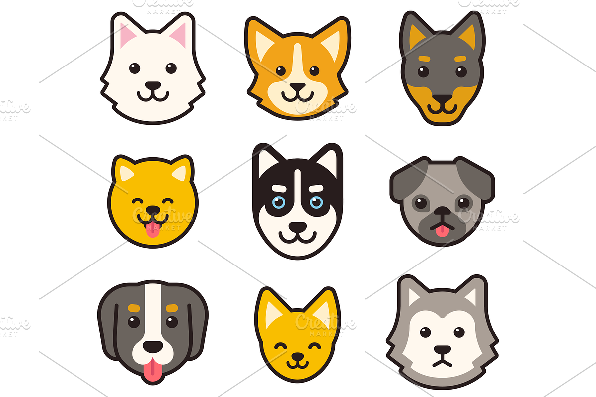 Cartoon Dog Breeds Faces Set, an Animal Illustration by Irina Mir