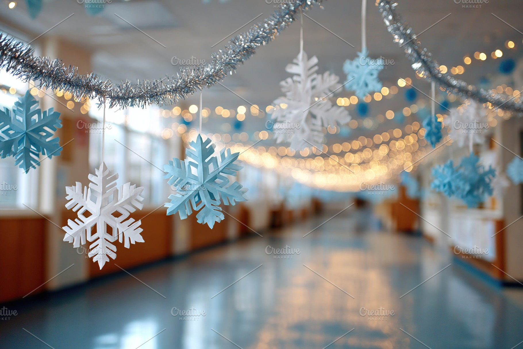 Winter decorations adorn a bright hallway with snowflakes and twinkling lights, a Photo by AlyaAnd