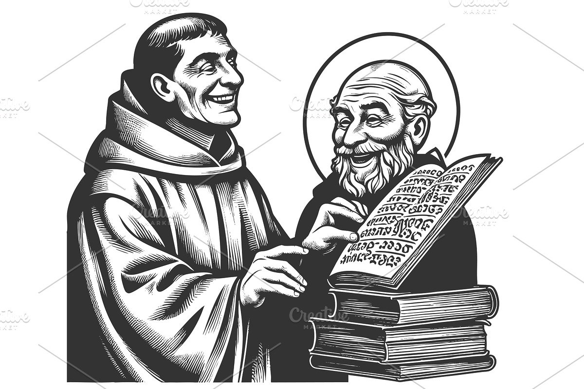 Medieval monks reading illuminated, an Illustration by AlexArt