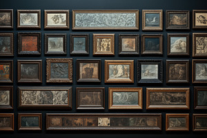 A gallery wall featuring an eclectic arrangement of framed artworks in various, an Arts & Entertainment Photo by Textures & Backgrounds
