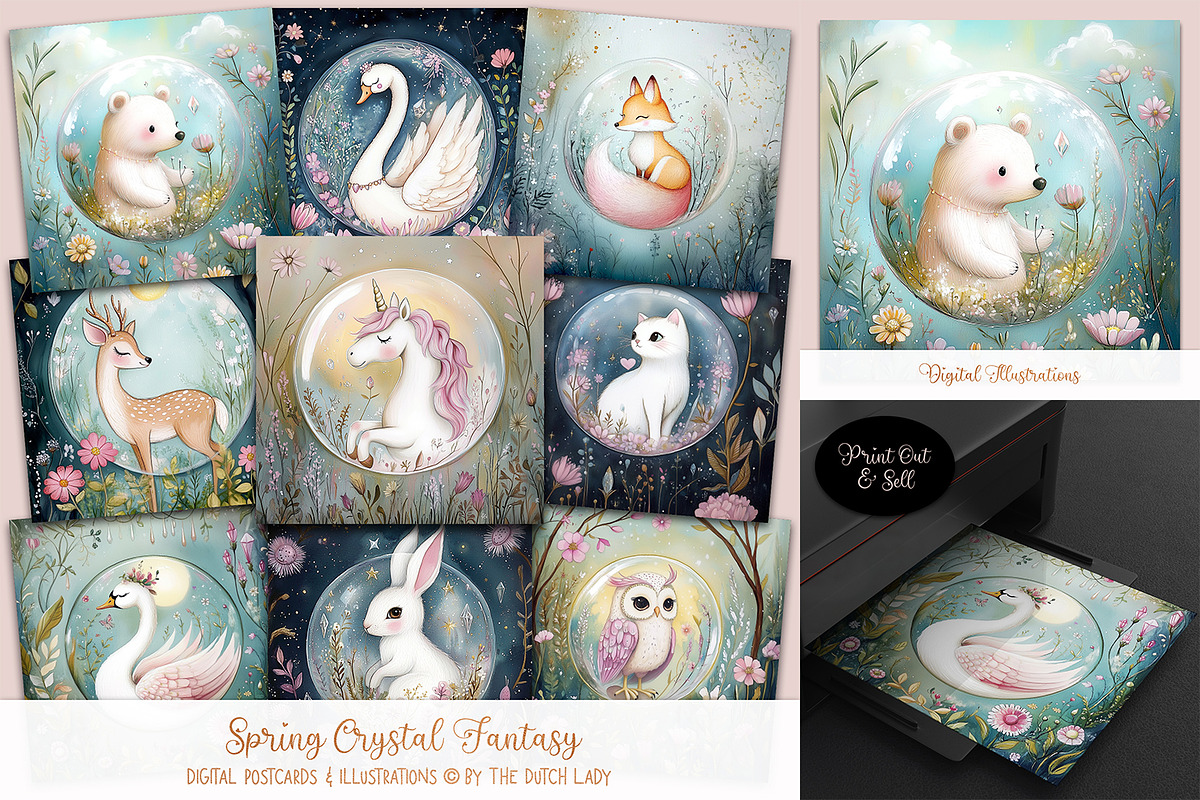 Spring Crystal Fantasy Postcards, an Animal Illustration by The Dutch Lady Designs (Photo 1 of 6)